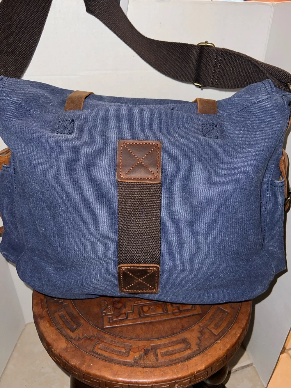 Large Navy Canvas Messenger Bag with Brown Leather Trim by Kattee